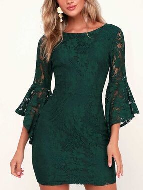 Allure 'Em In Forest Green Lace Flounce Sleeve Dress